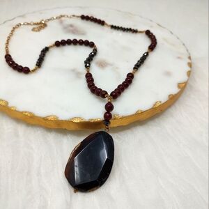 Semi-precious brown-maroon long beaded necklace